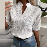White Elegant Embroidered Hollow Out V Neck Half Sleeve Shirt