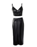 Sexy Black Pu Leather Cami Crop Top and Slit Midi Skirt Two Piece Set