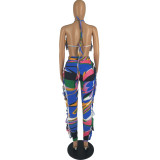 Print Blue Sexy Halter Bra and Pants Fringe Two Piece Set