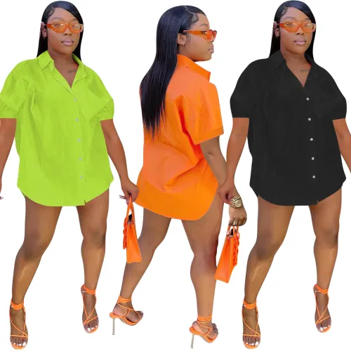 Solid Loose Short Sleeve Shirt Dress