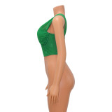 Green Slash Shoulder Sleeveless Crop Top