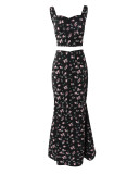Black Floral Wide Straps Crop Top and Slit Long Dress Two Piece Set