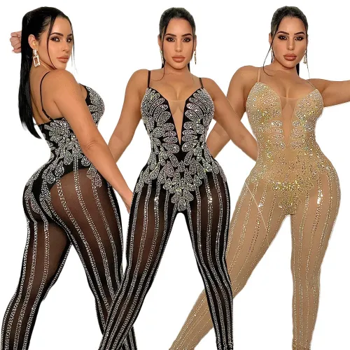 Rhinestone Mesh See Through Sleeveless Cami Jumpsuit