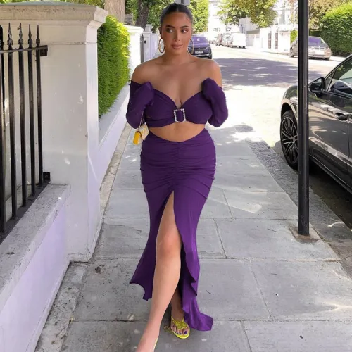 Metal-Ring Long Sleeves Crop Top and Slit Skirt 2PCS Set