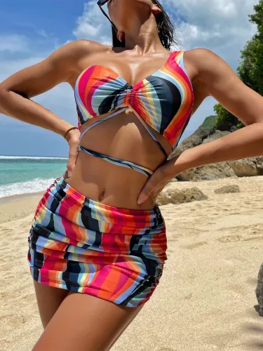 Multicolor Print One Shoulder Three-Piece Swimwear