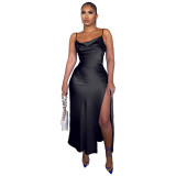Solid Silky Glossy Cami Slit Maxi Dress