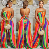 Stripe Print Strapless Backless Wide Leg Jumpsuit with Pockets