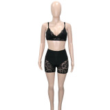Black Lace Patchwork Cami Bra and Shorts 2PCS Set