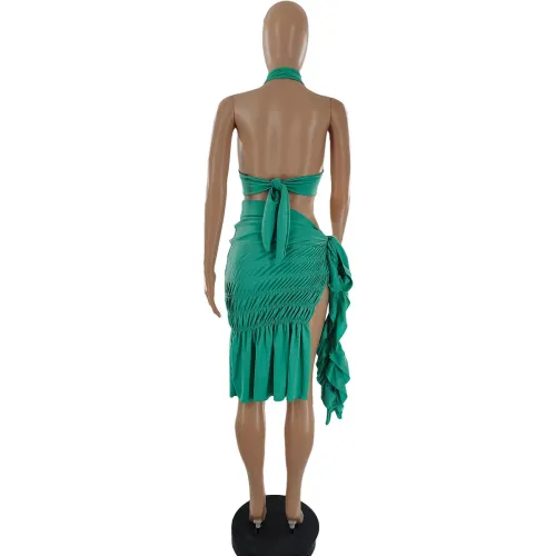 Halter Neck Sleeveless Crop Top and Slit Skirt 2PCS Set