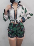 Green Print Long Sleeve Button Blouse and Shorts Casual 2-Piece Set