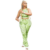 Print Green Cropped Tank Top and Pants Two Piece Set