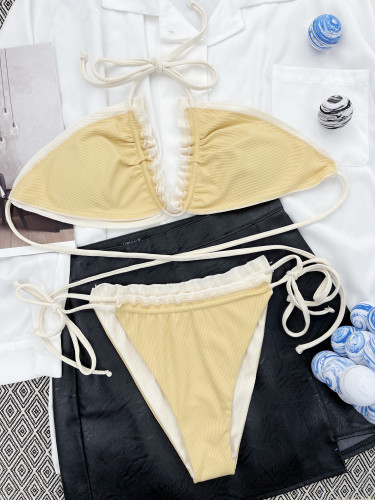 Sexy Ribbed Adjustable Triangle Ruffles Micro Bikini Set