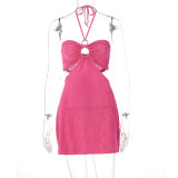 Hot Pink Lace-Up Halter Neck Hollow Out Mini Dress