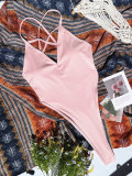 Pink Cross Back Thong Bikini One Piece Swimwear