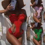 Solid Ruffle Trim Hollow Out One Piece Swimsuit