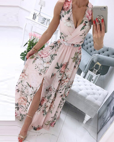 Pink Sleeveless V-Neck Floral Chiffon Maxi Dress