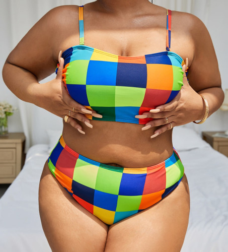 Color Block Print Plus Size Two Pieces Bikini Swimwear