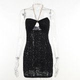 Metal Chain Halter Neck Hollow Out Holiday Mini Dress