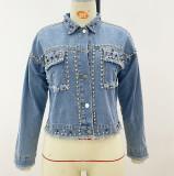 Studded Long Sleeve Short Blue Denim Jacket