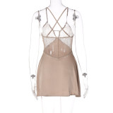 Khaki Patchwork Lace Deep-V Cami Mini Dress