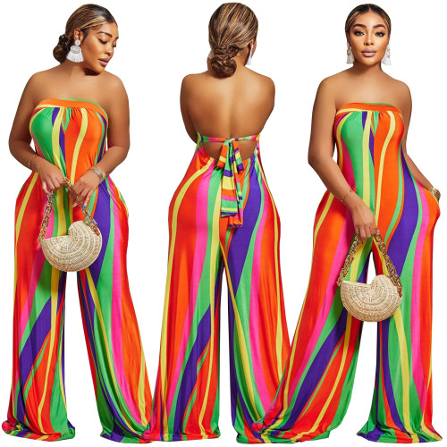 Stripe Print Strapless Backless Wide Leg Jumpsuit with Pockets