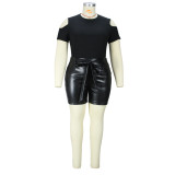 Black Shoulder-exposed Top and Leather Tight Shorts 2PCS Set