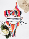 Multicolor Print One Shoulder Three-Piece Swimwear