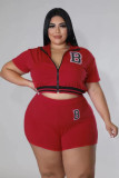 Plus Size Women Casual Sports Letter Print Zipper Shorts Tracksuit