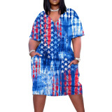 Short Sleeve V-Neck Flag Print Loose Dress with Pocket
