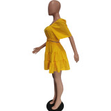 Yellow Square Neck Short Sleeves Ruffle Dress