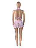 Striped Print Cami Halter Bikini and Slit Mini Skirt 3PCS Swimsuit