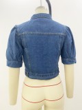 Button Up Half Puff Sleeve Womens Short Denim Jacket