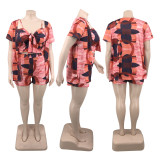 Plus Size Print Sleeveless Crop Top and Shorts  with Coat 3PCS Set