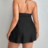 Plus Size Black Low Back Tie Halter Neck Mini Dress Swimsuit