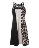 Leopard Colorblock Sexy Hollow Out Halter Mini Dress