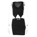 Stripe Print Black Crop Vest and Mini Dress 2PCS Set