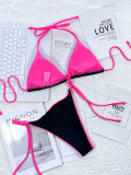 Black and Pink Contrast Tie Sides Triangle Bikini Set