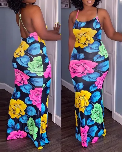 Floral Print Blue Cami Backless Bodycon Maxi Dress
