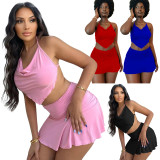 Cami Halter Crop Top and Mini Ruched Skirt 2PCS Set