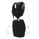 Stripe Print Black Crop Vest and Mini Dress 2PCS Set
