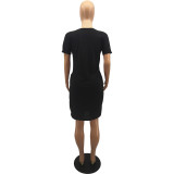 Plus Size Letter Print V-Neck Short Sleeves Midi Dress