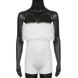 White Strapless Fur Patchwork Rompers