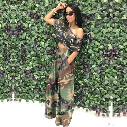 Camo Print Elastic Waist Wide Leg Pants