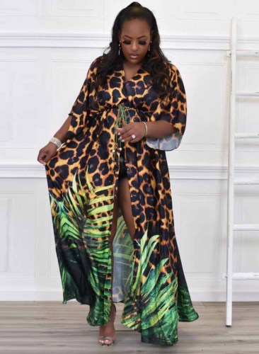 Plus Size Tie Leaf Leopard Print Loose Slit Maxi Dress