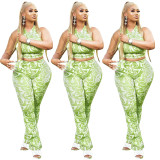 Print Green Cropped Tank Top and Pants Two Piece Set