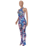 Print Pink Halter Neck Backless Bodycon Flare Jumpsuit