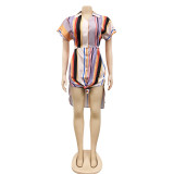 Short Sleeve Striped Print Slit Shirt Dress