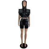 Black Leather Zip Up Hoody Crop Top and Shorts 2PCS Set