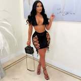 Black Hollow Out Cami Crop Top and Lace Up Skirt 2PCS Set