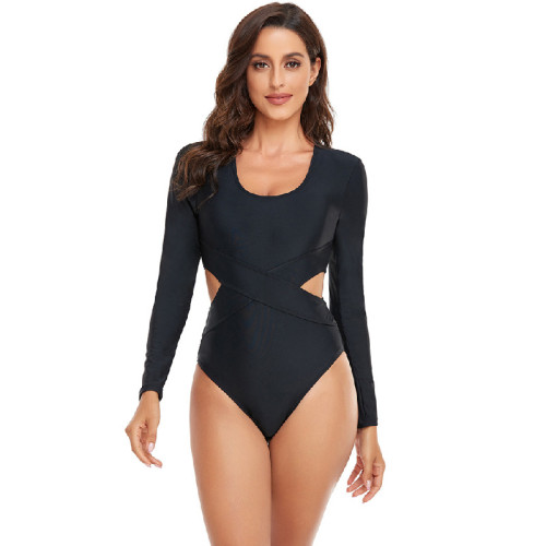Black Hollow Out Waist Long Sleeve One Piece Swimsuit
